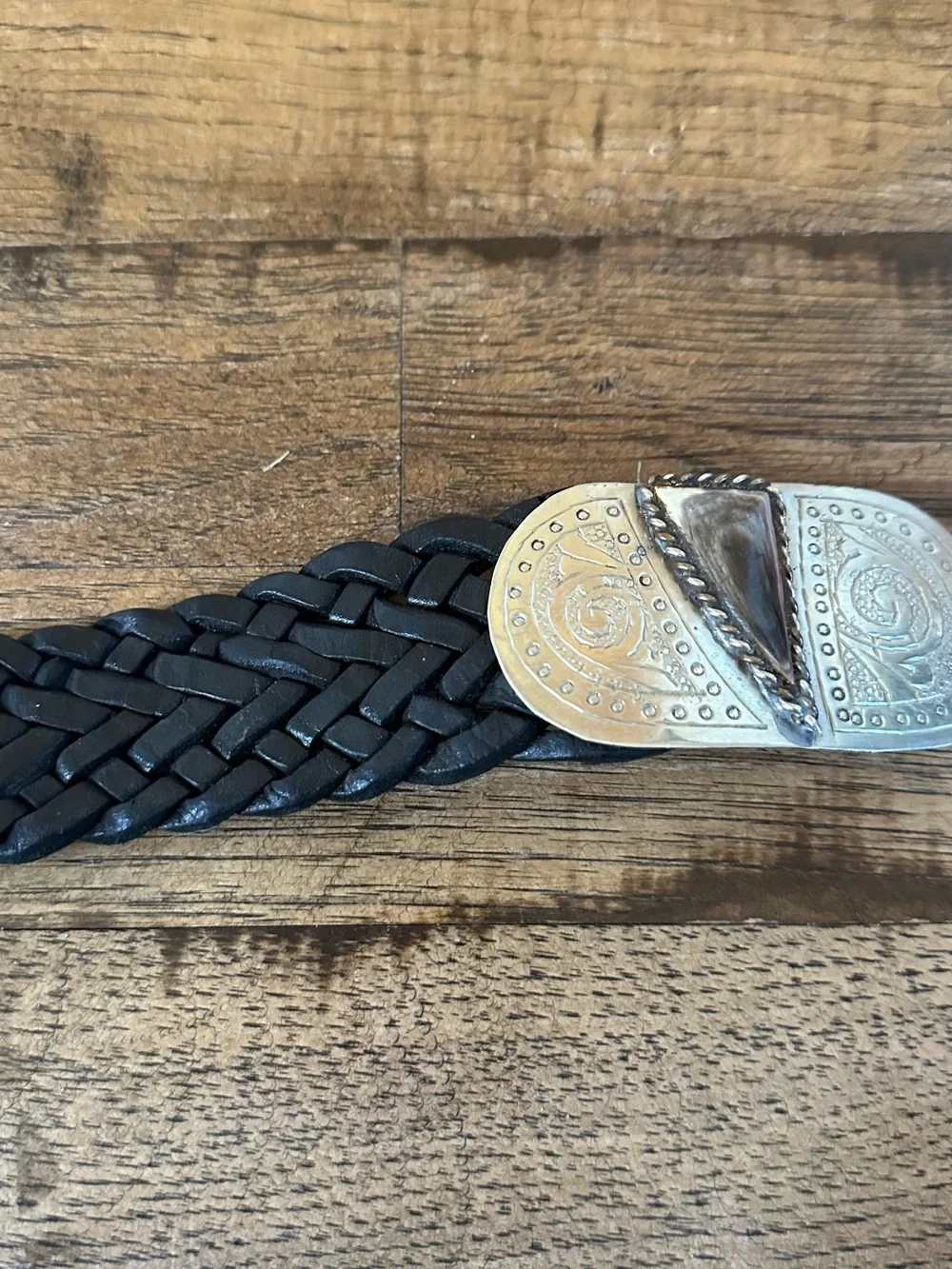 Woven Black Leather Belt with Decorative Silver-Tone Buckle